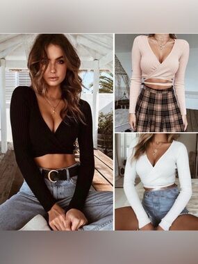 Ribbed Black Long-Sleeve Wrap Crop Top - Women's